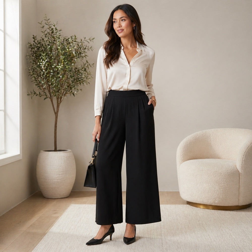 Spanx Carefree Crepe Wide Leg Pants Womens XL Black Polyester Pleated Trousers - Picture 1 of 10